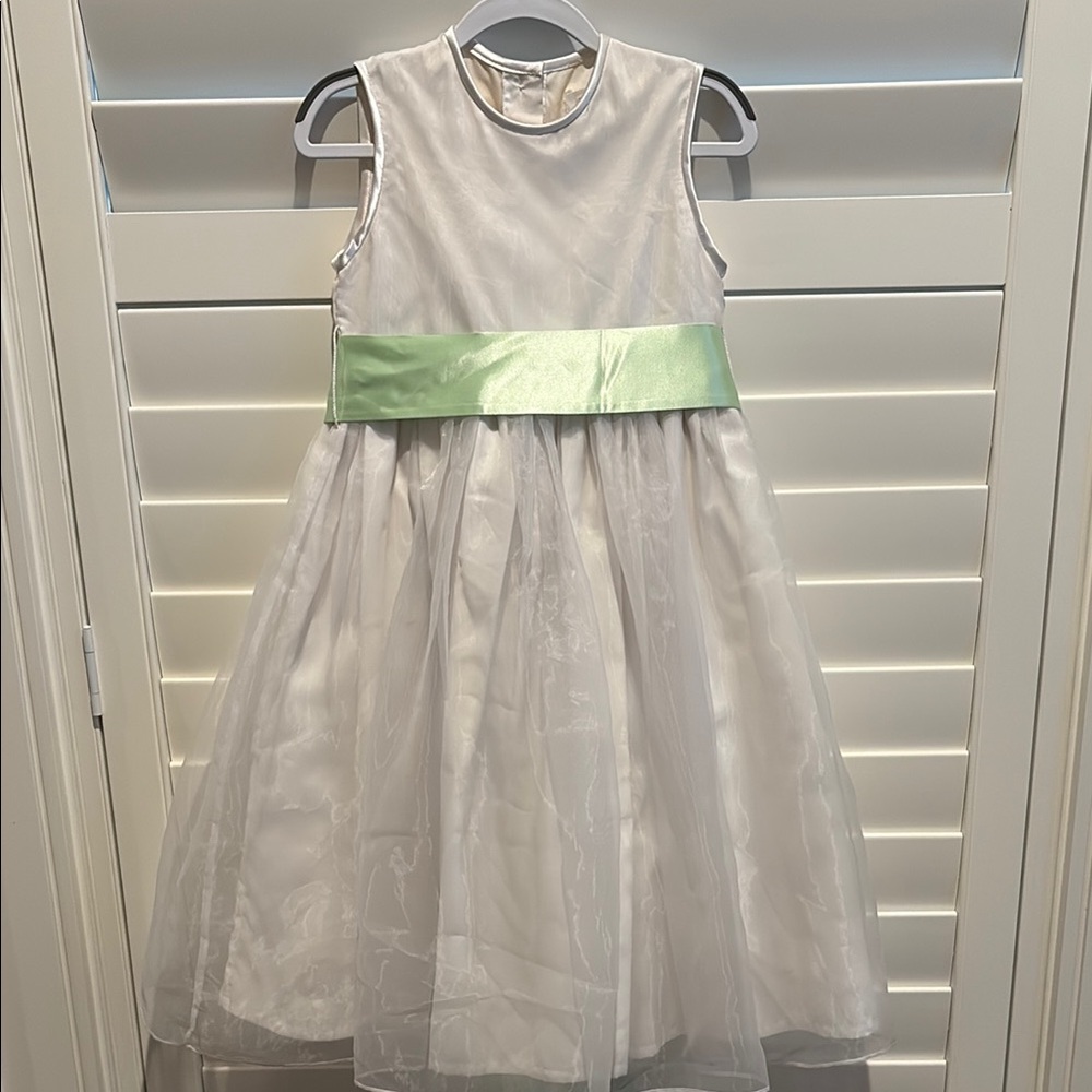 Elegant White Kids Dress with blue and green ribbon belts